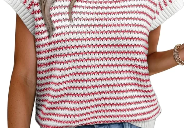EVALESS Women's Round Neck Striped Cap Sleeve Tank Sweater Vest