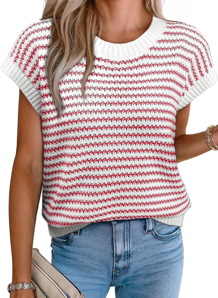 EVALESS Women's Round Neck Striped Cap Sleeve Tank Sweater Vest