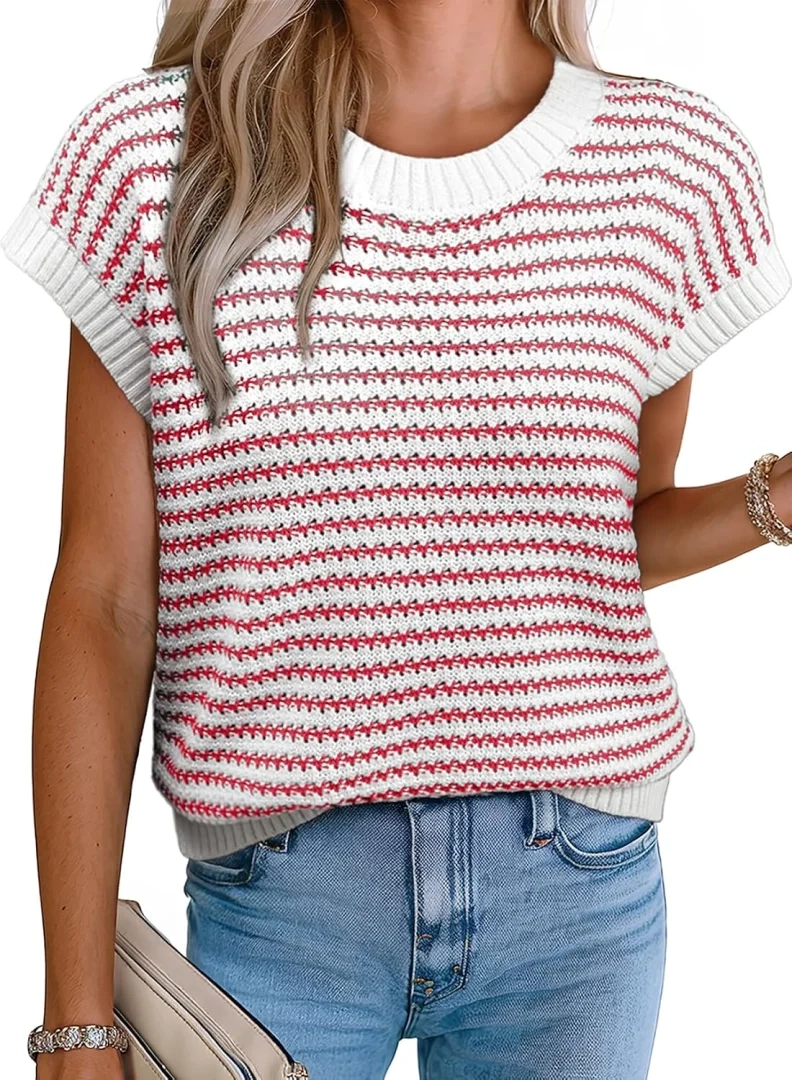 EVALESS Women's Round Neck Striped Cap Sleeve Tank Sweater Vest