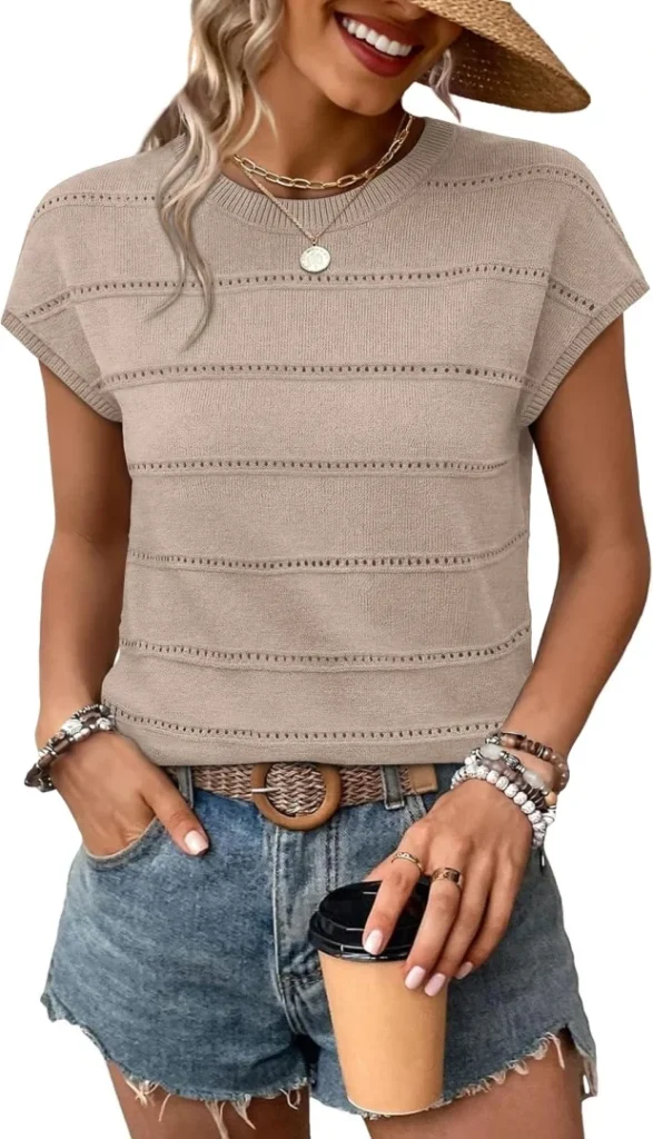 WIHOLL Women's Lightweight Cap Sleeve Hollow Out Knit Sweater for Spring Summer Fall 2026