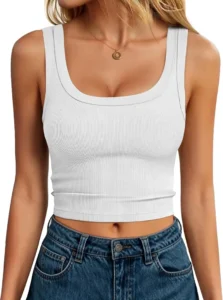 Women's Ribbed Cropped Tank Top Scoop Neck Cami Sleeveless Slim Fit Stretchy Casual Layering Summer Outfit