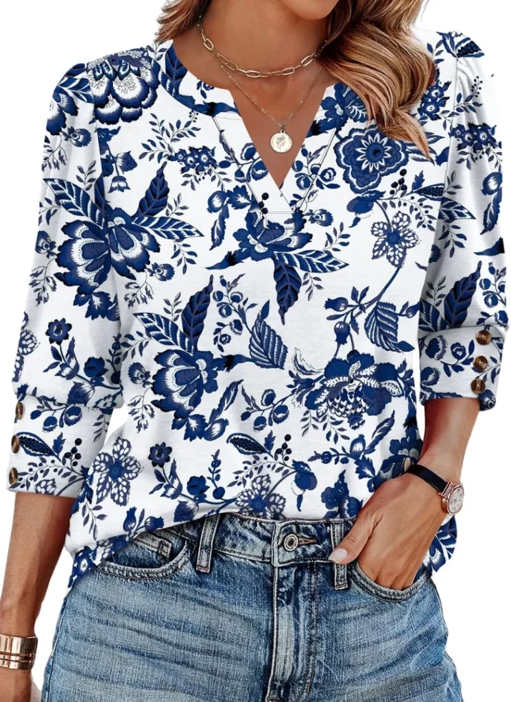 WIHOLL Women's Button Cuff 3/4 Sleeve V