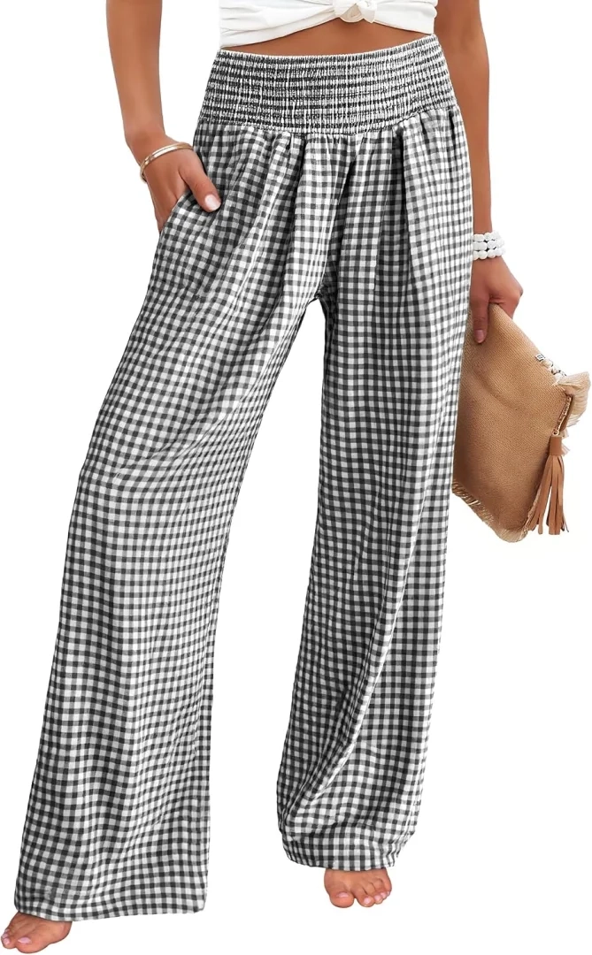 ANRABESS Women's Striped Gingham Wide Leg Palazzo Pants