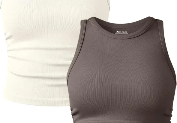 OQQ Women's 2 Pack Crew Neck Sleeveless Stretch Casual Yoga Crop Tank Tops