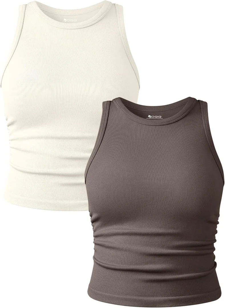 OQQ Women's 2 Pack Crew Neck Sleeveless Stretch Casual Yoga Crop Tank Tops