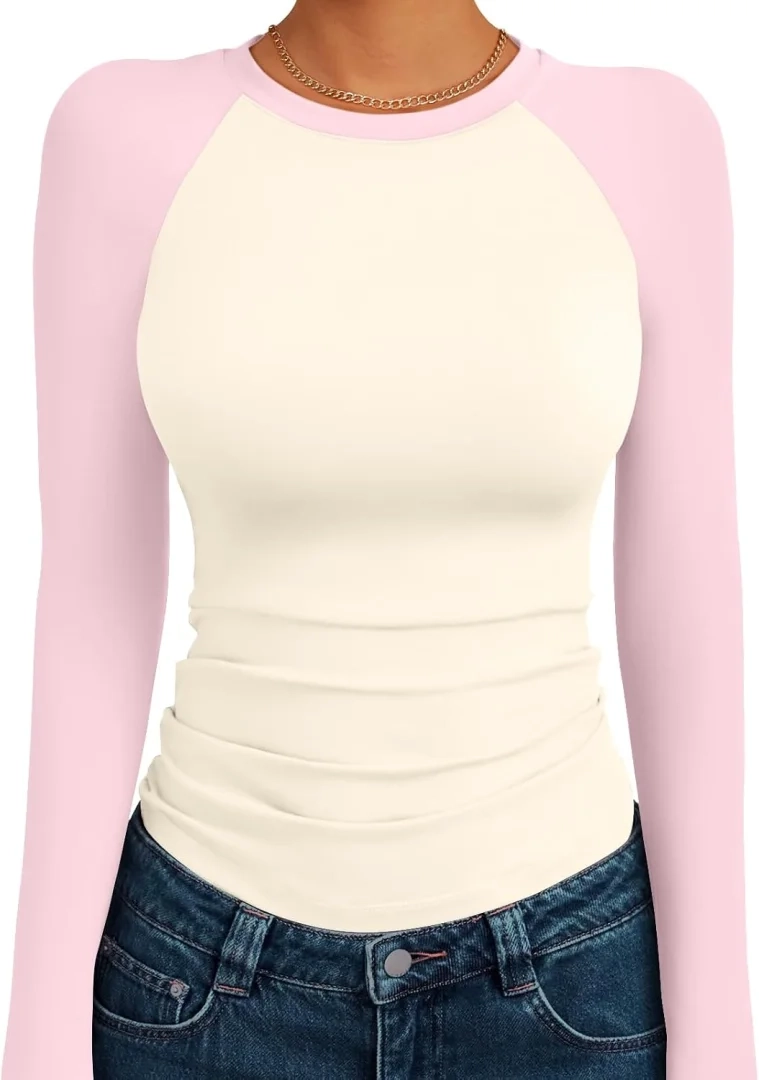 Trendy Queen Women's Stretchy Slim Fit Color Block Raglan Long Sleeve Shirt