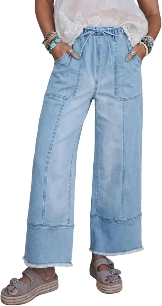 SHEWIN Women's High Rise Baggy Wide Leg Denim Pants with Drawstring Stretch