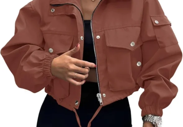UEAL Women's Cropped Lightweight Bomber Jacket with Pockets