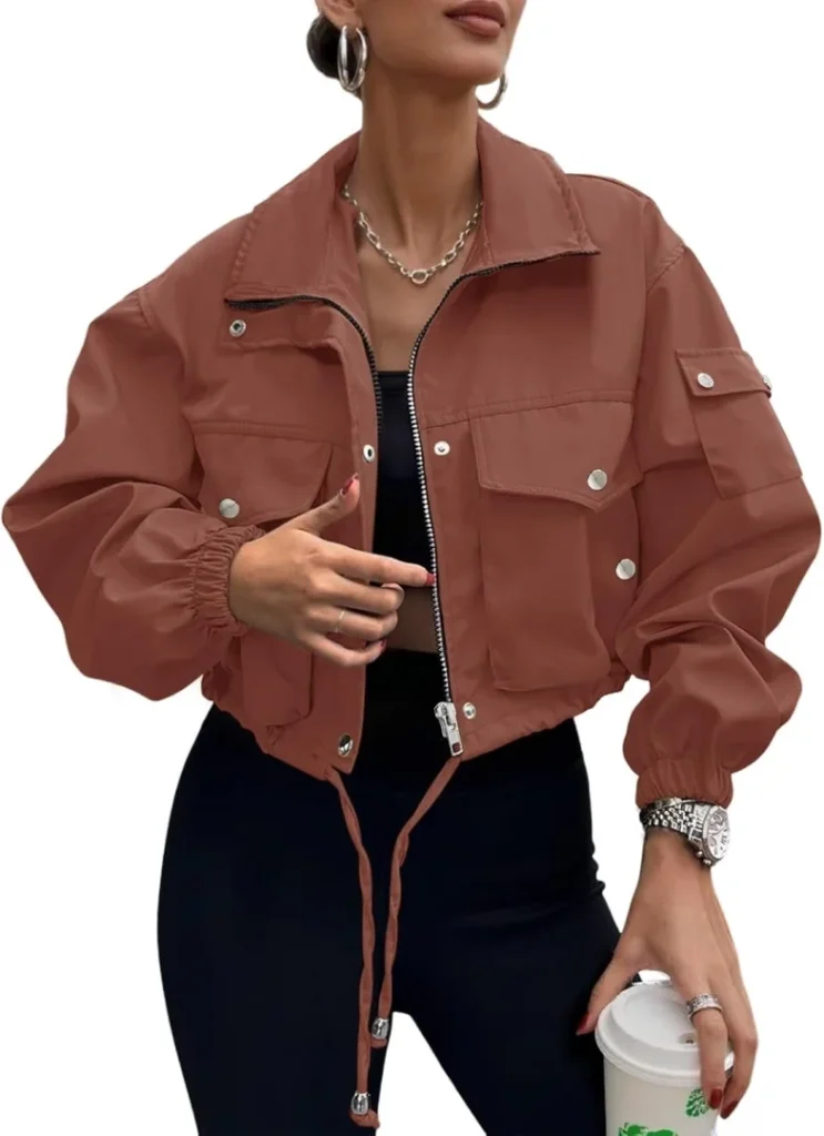 UEAL Women's Cropped Lightweight Bomber Jacket with Pockets