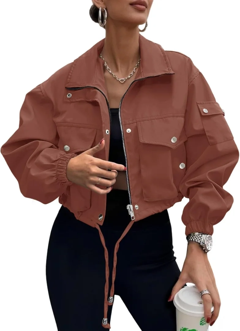UEAL Women's Cropped Lightweight Bomber Jacket with Pockets
