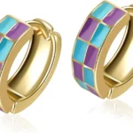 Checkerboard Cartilage Hoop Earrings for Women Teacher Gift White Black Enamel Gold