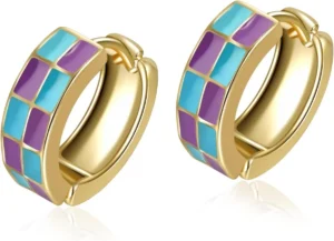 Checkerboard Cartilage Hoop Earrings for Women Teacher Gift White Black Enamel Gold