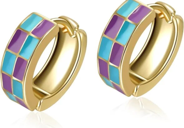 Checkerboard Cartilage Hoop Earrings for Women Teacher Gift White Black Enamel Gold