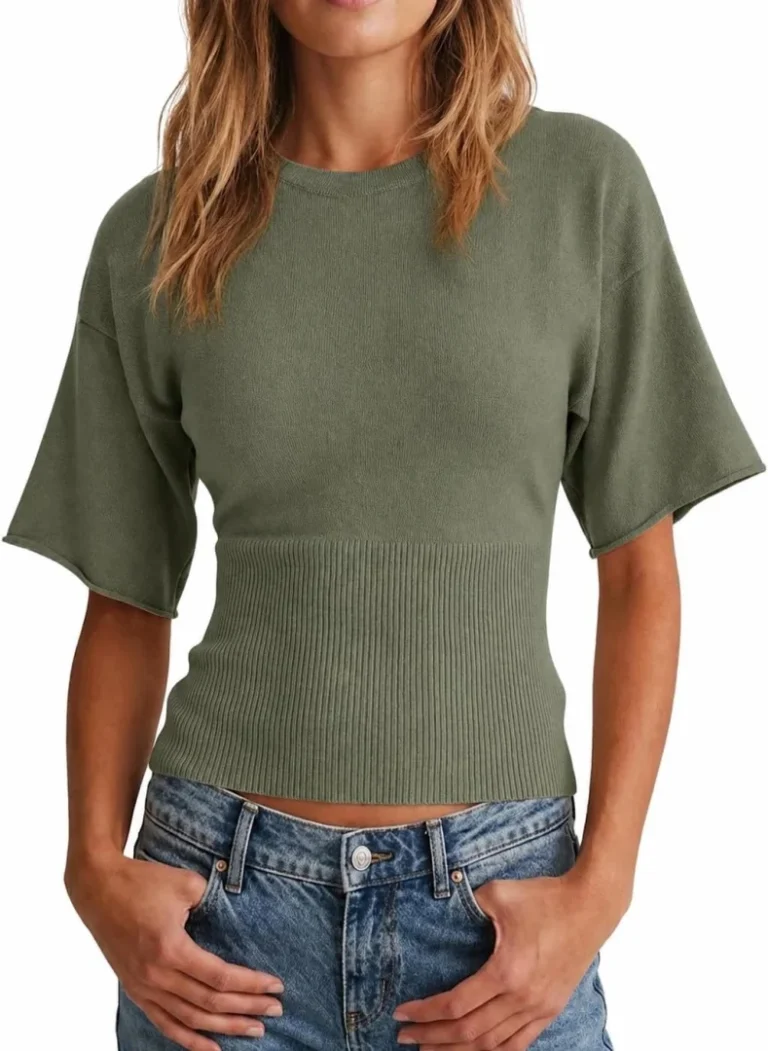 Women's 2026 Summer Short Sleeve Ribbed Knit Sweater Crew Neck Cinched Waist Slim Fit Top