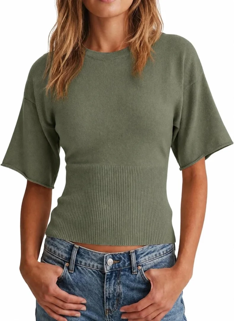 Women's 2026 Summer Short Sleeve Ribbed Knit Sweater Crew Neck Cinched Waist Slim Fit Top