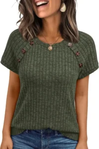 AUTOMET Women's Short Sleeve Shirt with Decorative Buttons