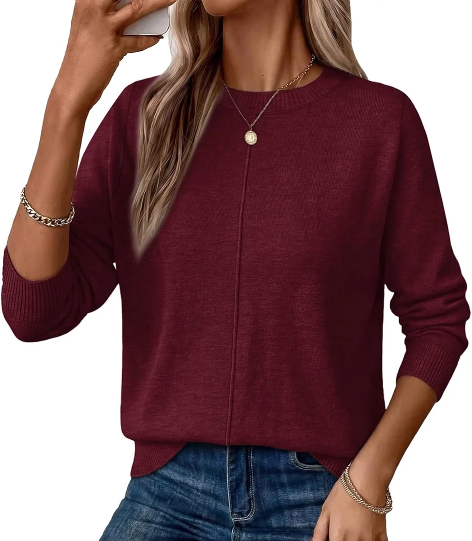 WIHOLL Women's Cozy Crew Neck Sweater Fall Fashion Outfit