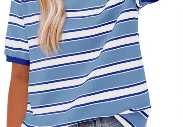 BTFBM Women's Short Sleeve Striped Summer Blouse