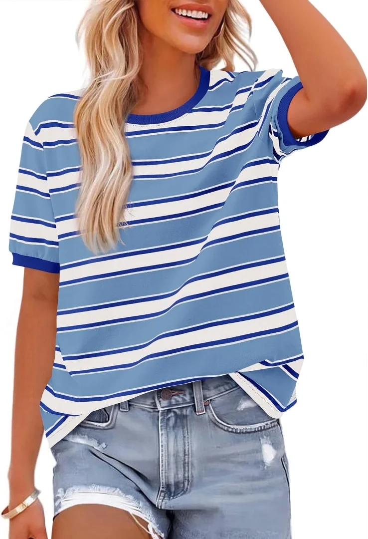 BTFBM Women's Short Sleeve Striped Summer Blouse