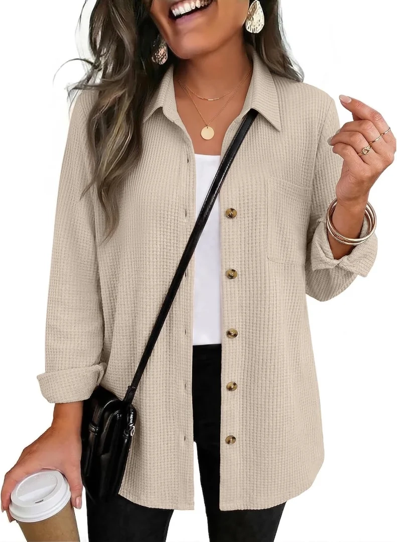 Zeagoo Womens Long Sleeve Waffle Knit Button Down Shacket Top with Pockets