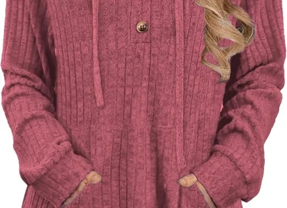 XMTOPYE Women's Fashion Henley Neck Hoodie Pullover Sweater Casual Knit Top
