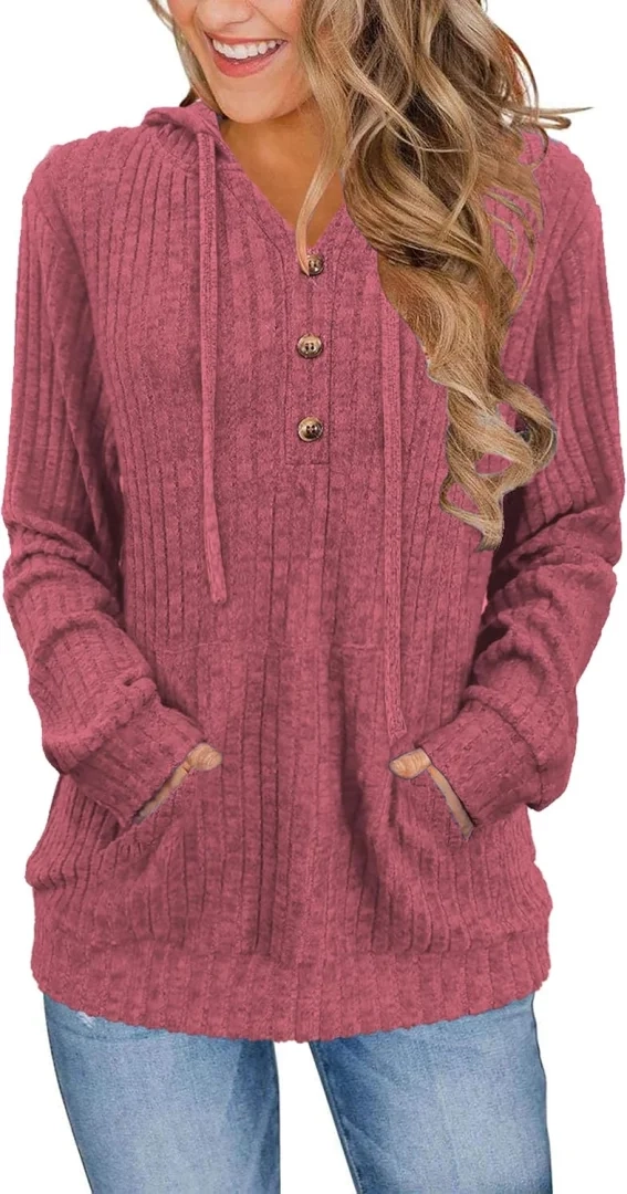 XMTOPYE Women's Fashion Henley Neck Hoodie Pullover Sweater Casual Knit Top