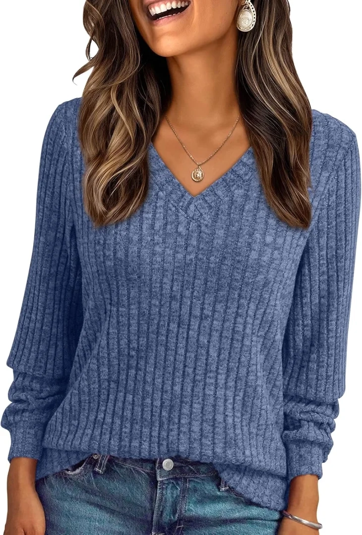AUTOMET Womens 2026 Fall V Neck Long Sleeve Lightweight Sweater Shirt Top