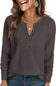 ANRABESS Women's Long Sleeve Waffle Knit Henley Shirt Top