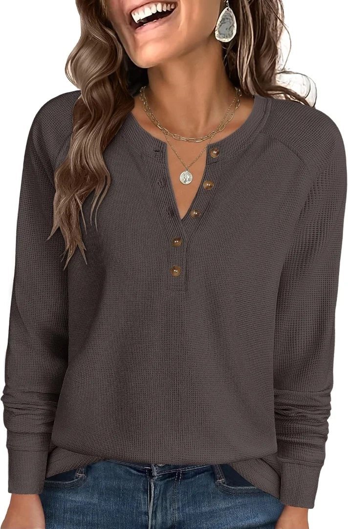 ANRABESS Women's Long Sleeve Waffle Knit Henley Shirt Top
