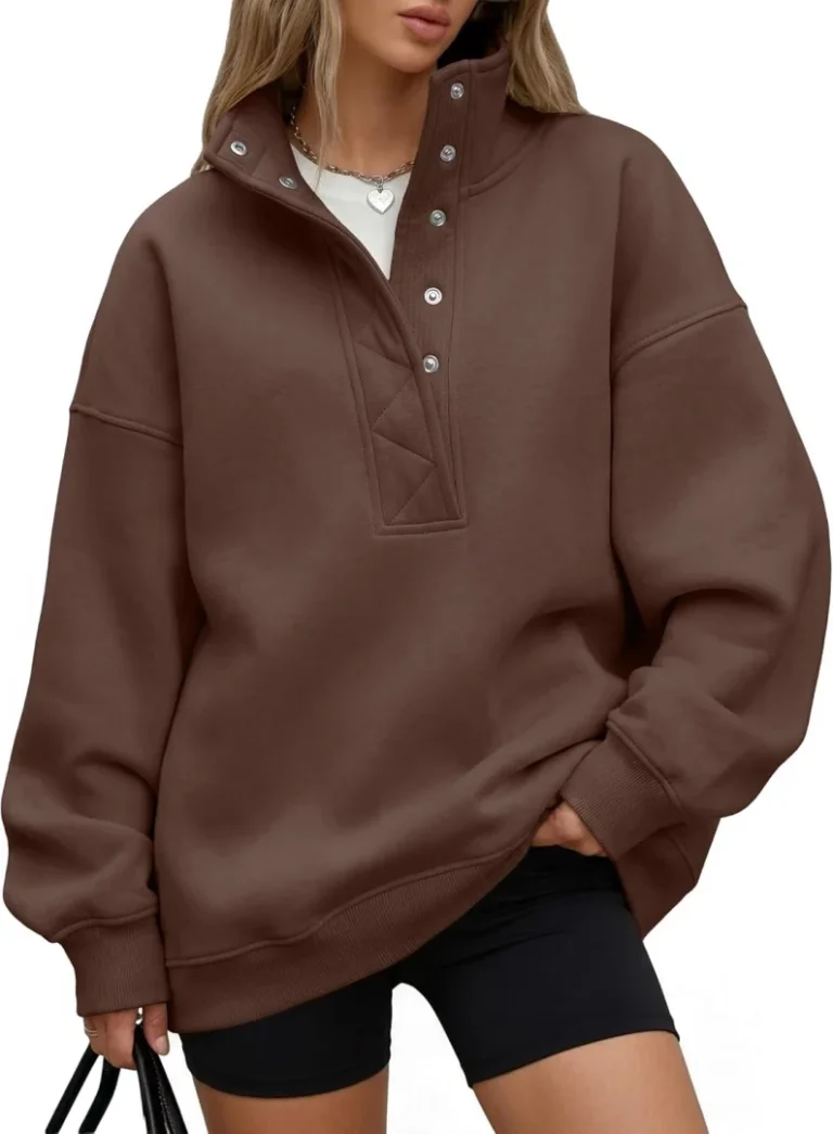 Trendy Queen Women's Oversized Sweatshirt with Snap Button Henley Collar