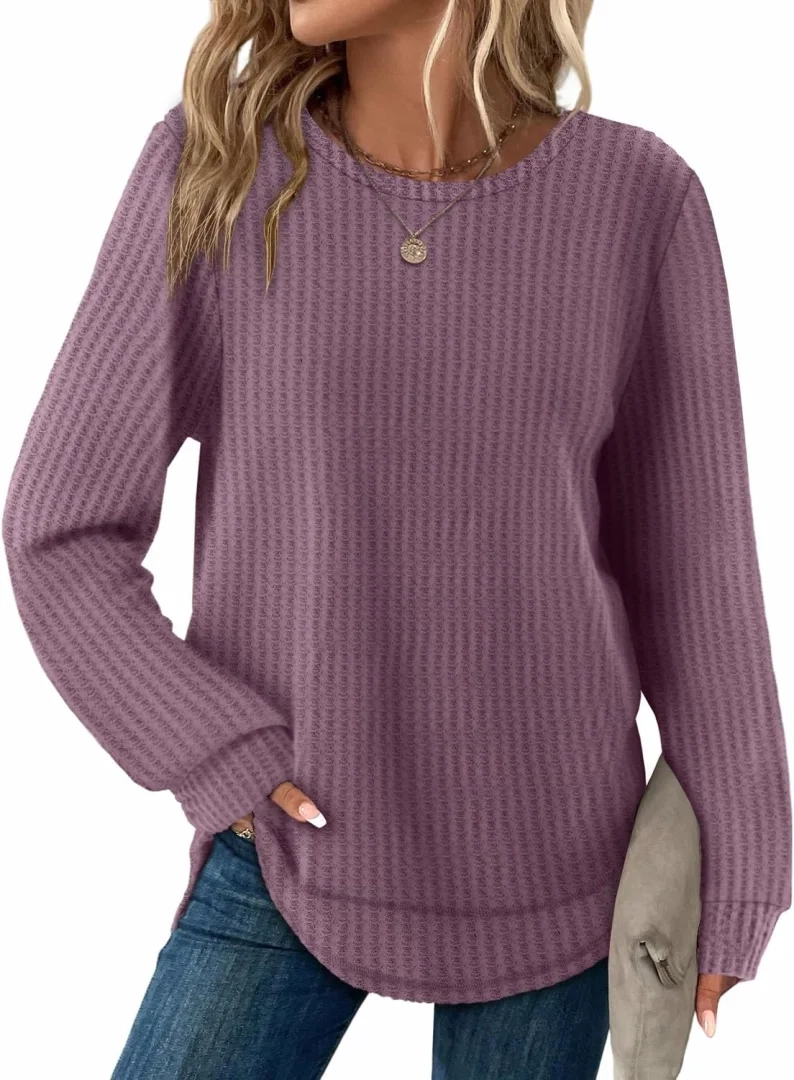 WIHOLL Womens Fall Long Sleeve Waffle Knit Tunic Tops Curved Hem Shirts