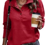 SHEWIN Women's Lightweight Casual Stand Neck Long Sleeve Button Drawstring Pullover Sweatshirt Top