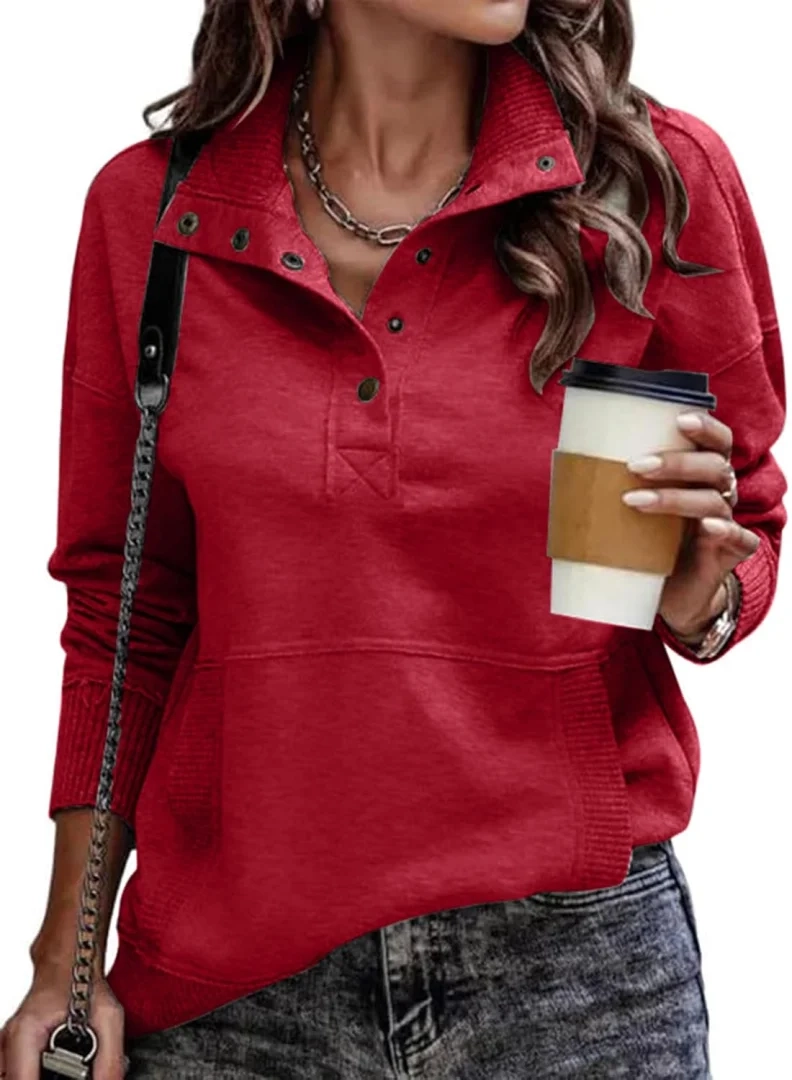 SHEWIN Women's Lightweight Casual Stand Neck Long Sleeve Button Drawstring Pullover Sweatshirt Top