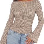 WIHOLL Women's Boat Neck Ruched Ribbed Bell Sleeve Long Sleeve Fall Tops 2026