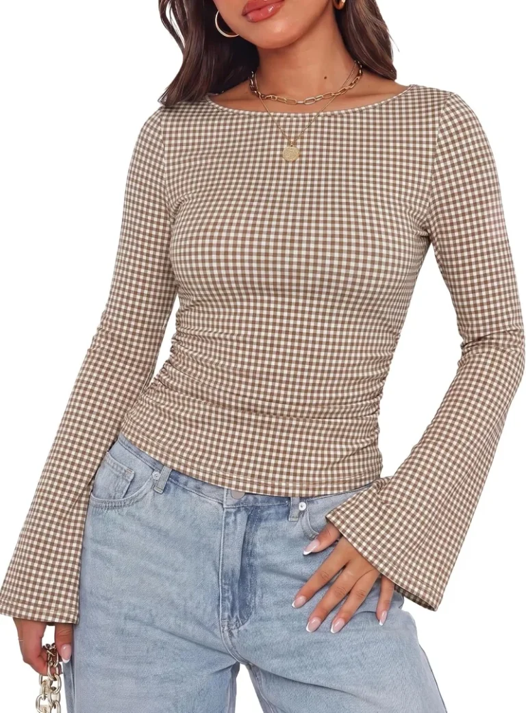 WIHOLL Women's Boat Neck Ruched Ribbed Bell Sleeve Long Sleeve Fall Tops 2026